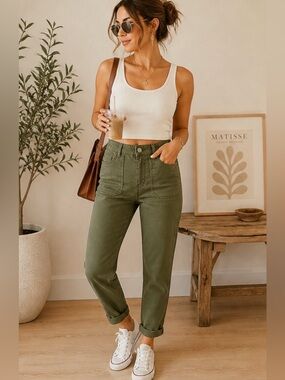 296 VERVET Olive Green Mom Jeans NWT High Rise Stretch Ankle Denim Size 26